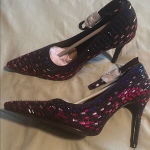 AKIRA AZALEA WANG TEAGAN BLACK MULTI RHINESTONE STRAP PUMP Size 88